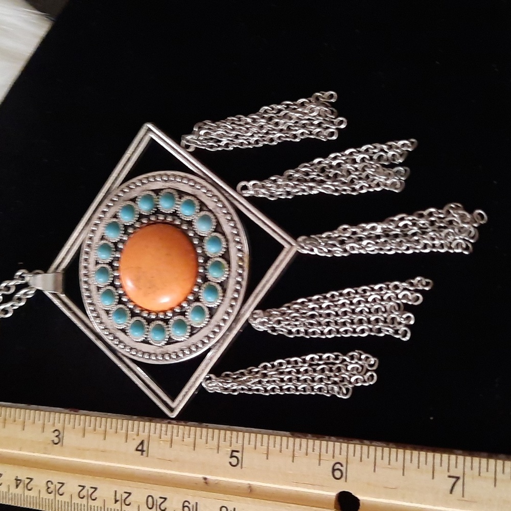 3/25$ sandstone faux turquoise/coral fringe fashion necklace silvertone - Picture 5 of 7